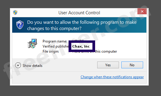 Screenshot where Chax, Inc appears as the verified publisher in the UAC dialog
